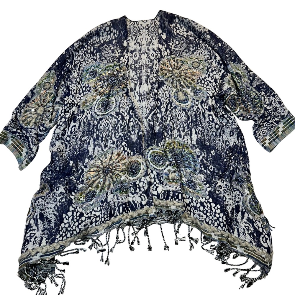 Soft Surroundings Emory Cardi Sequin Fringe Topper Cardigan OS Blue Boho Whimsy